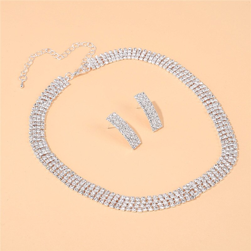Silver Crystal Stud Earrings Necklace for Women Wedding Bridal Jewelry Sets Full Rhinestone Neck Collar Necklace and Earrings