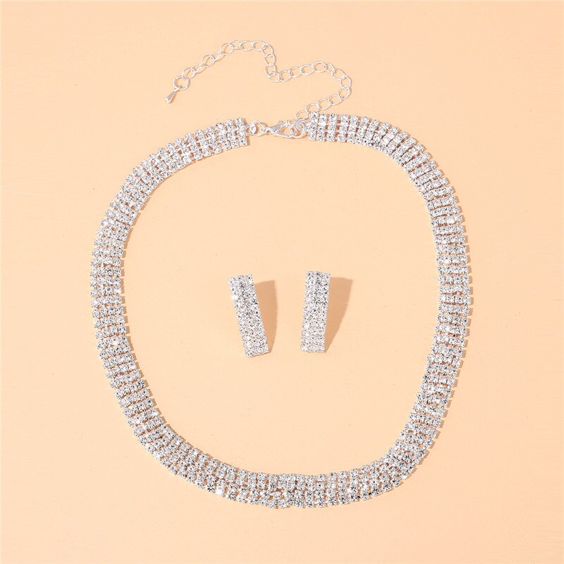 Silver Crystal Stud Earrings Necklace for Women Wedding Bridal Jewelry Sets Full Rhinestone Neck Collar Necklace and Earrings