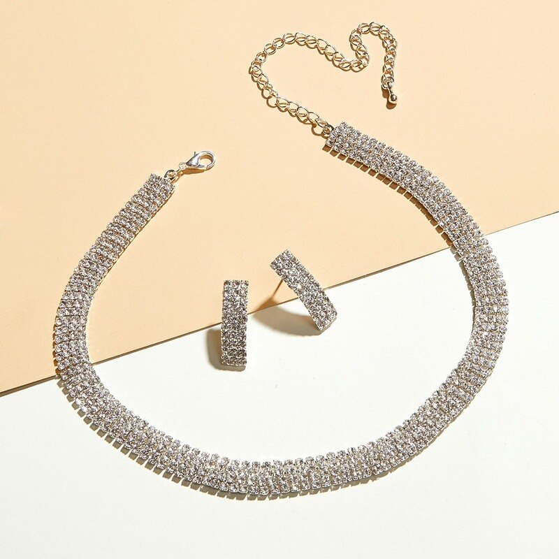 Silver Crystal Stud Earrings Necklace for Women Wedding Bridal Jewelry Sets Full Rhinestone Neck Collar Necklace and Earrings