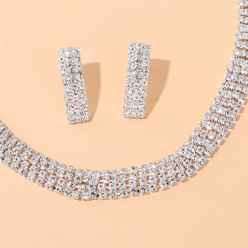 Silver Crystal Stud Earrings Necklace for Women Wedding Bridal Jewelry Sets Full Rhinestone Neck Collar Necklace and Earrings