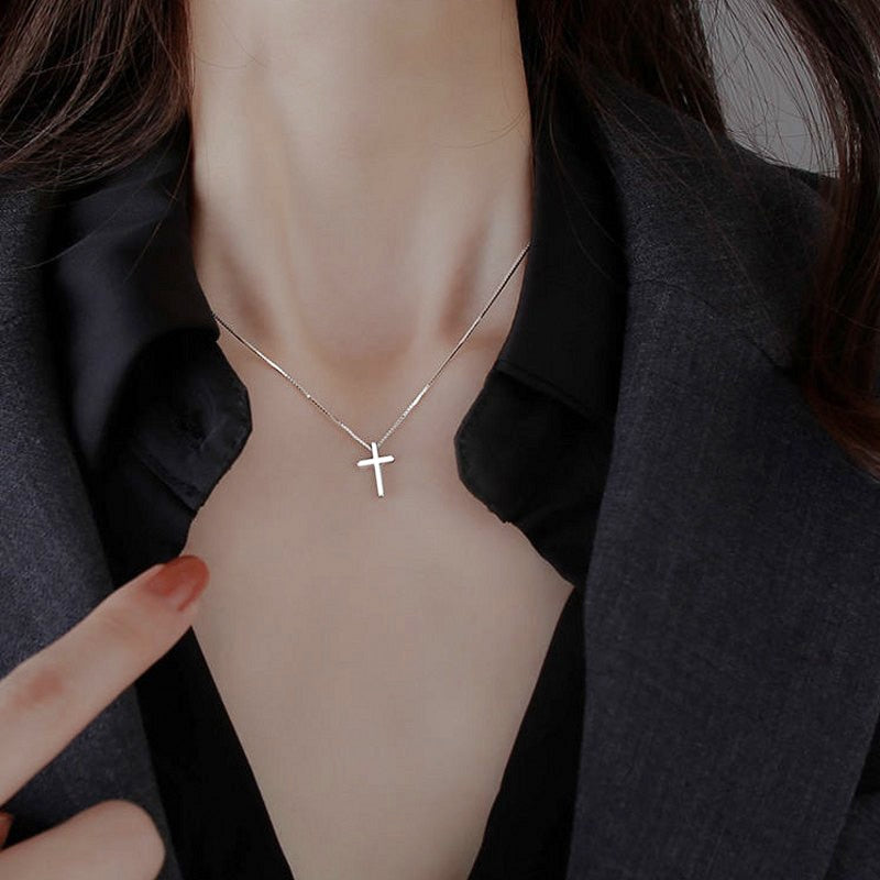 Simple Cross Pendants Necklaces Women Silver Color Chain Choker Neckla