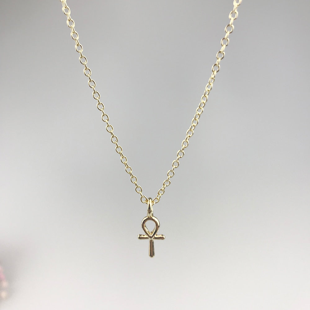 Sparkling Goddess Ankh Cross Necklace Gold Color Pendant Necklace Clavicle Chain Statement Necklace Women Jewelry E021