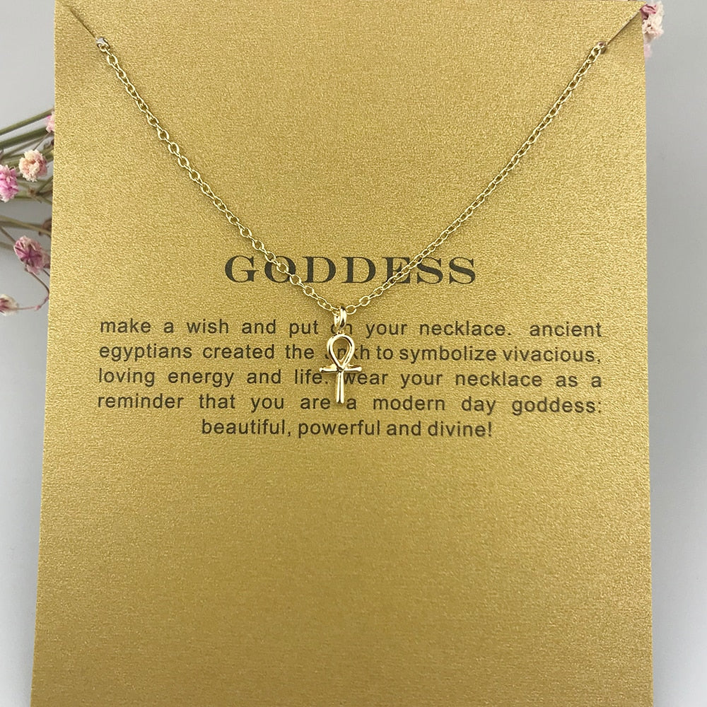 Sparkling Goddess Ankh Cross Necklace Gold Color Pendant Necklace Clavicle Chain Statement Necklace Women Jewelry E021