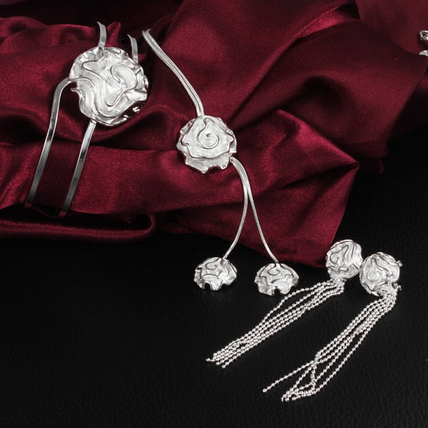 Special offer 925 Sterling Silver Pretty rose flower bangle rings Bracelets necklace earrings Jewelry set for women party gifts