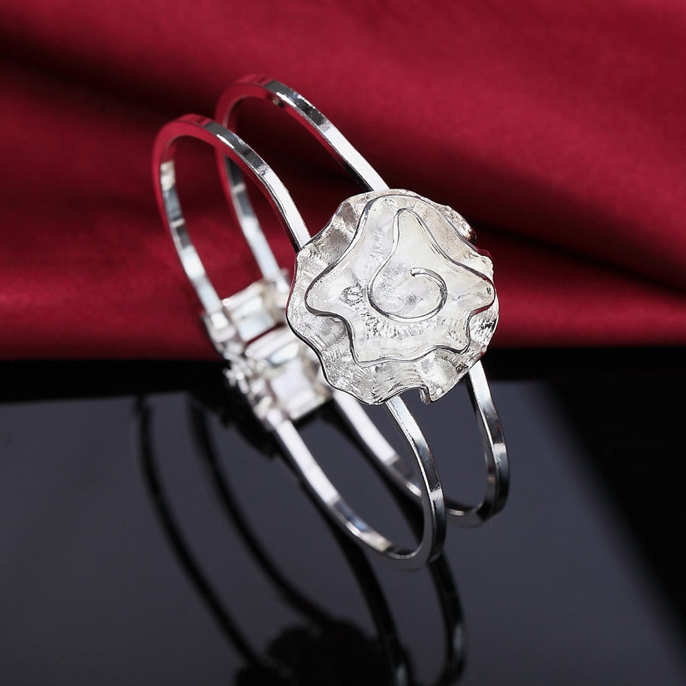 Special offer 925 Sterling Silver Pretty rose flower bangle rings Bracelets necklace earrings Jewelry set for women party gifts
