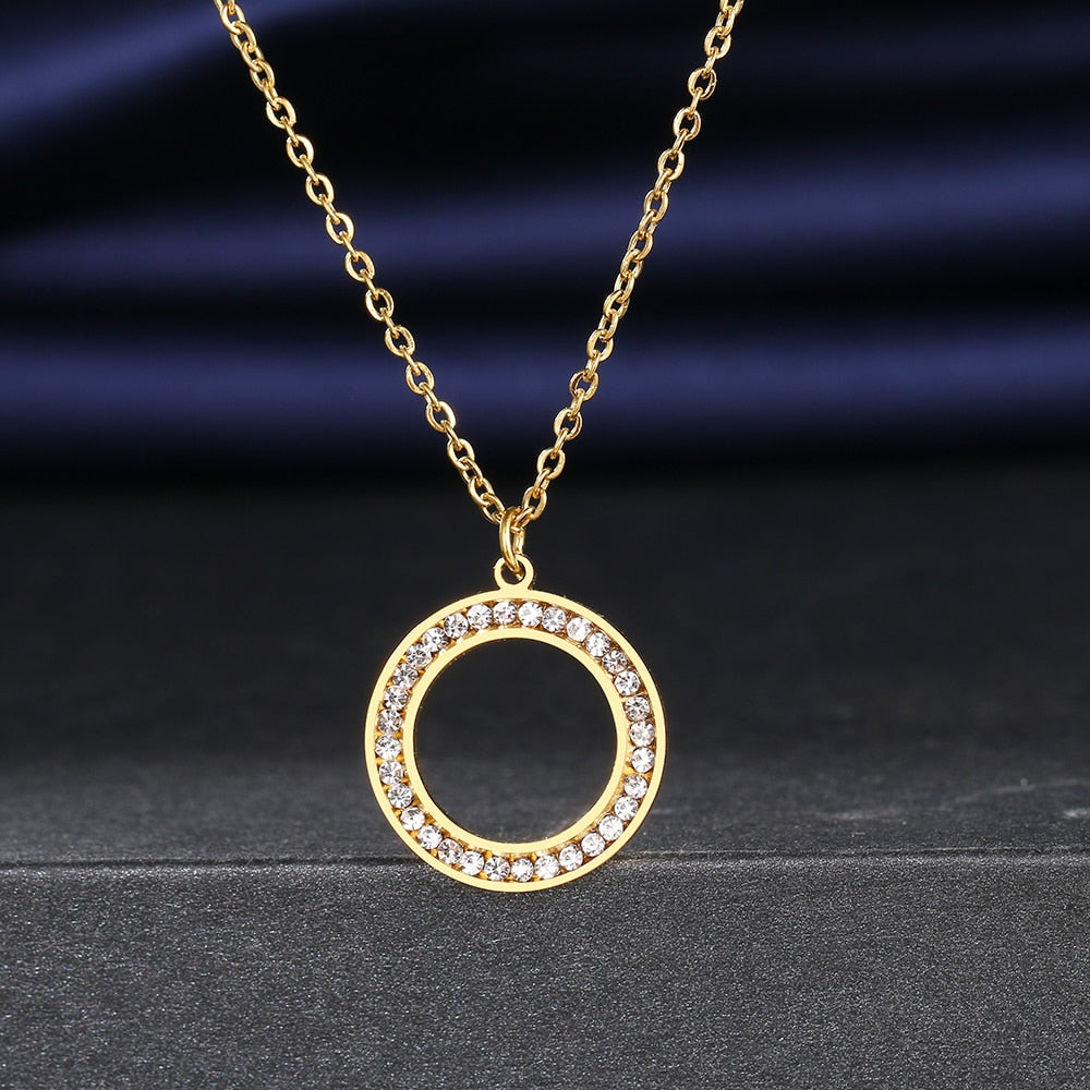 Stainless Steel Necklaces 3A Zircon Crystal Round Hollow Pendant Collar Chain Charm Necklace For Women Jewelry Wedding Gifts NEW