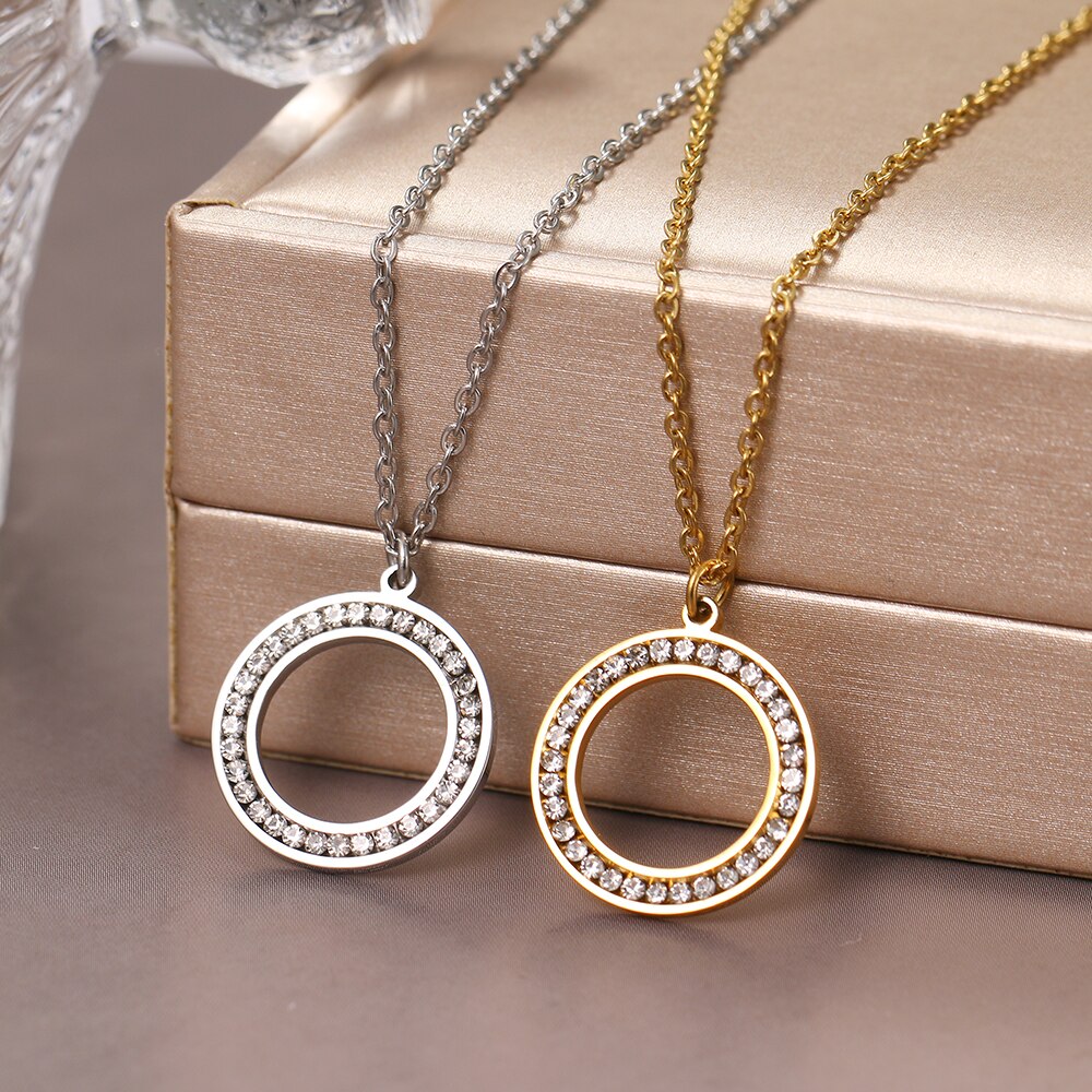 Stainless Steel Necklaces 3A Zircon Crystal Round Hollow Pendant Collar Chain Charm Necklace For Women Jewelry Wedding Gifts NEW