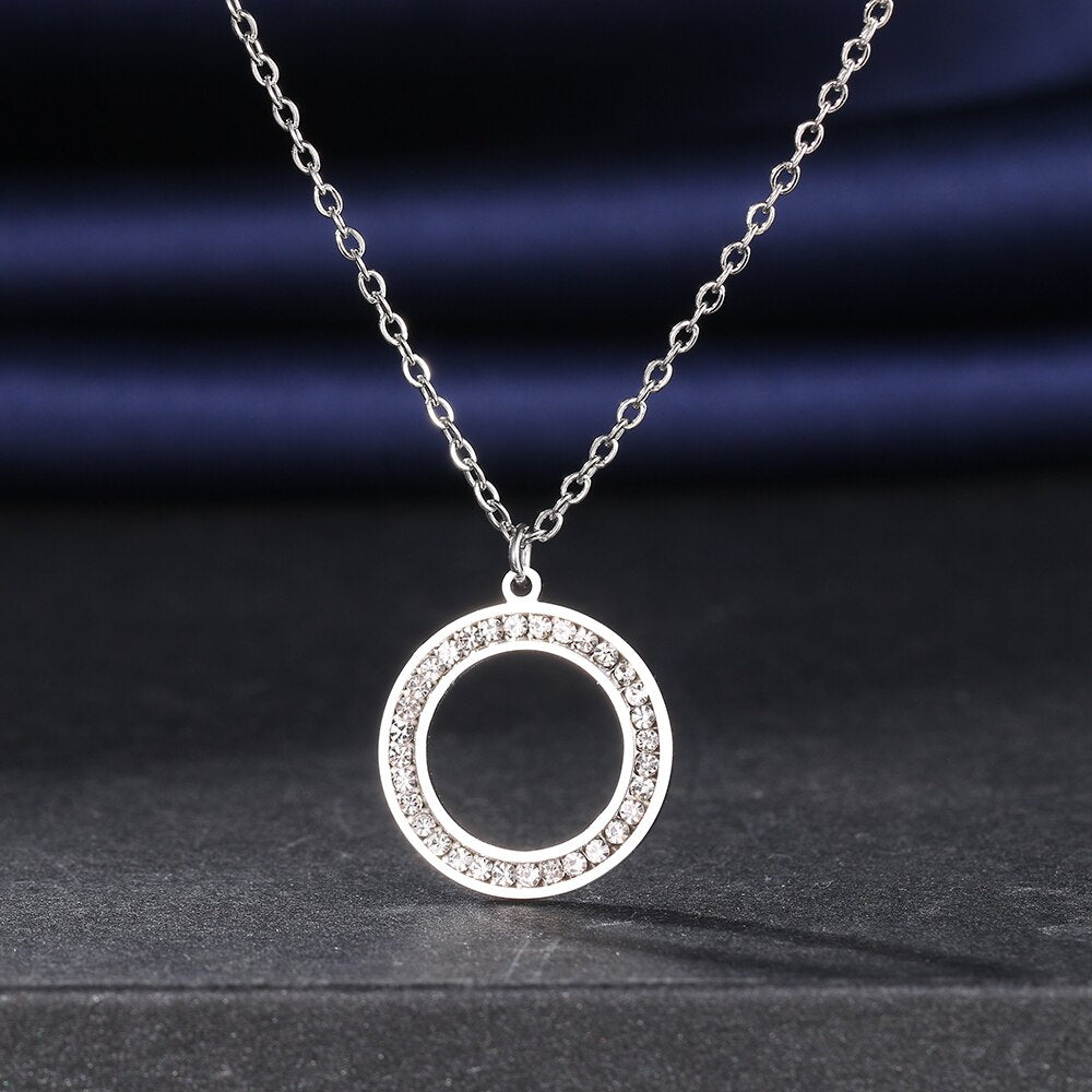 Stainless Steel Necklaces 3A Zircon Crystal Round Hollow Pendant Collar Chain Charm Necklace For Women Jewelry Wedding Gifts NEW