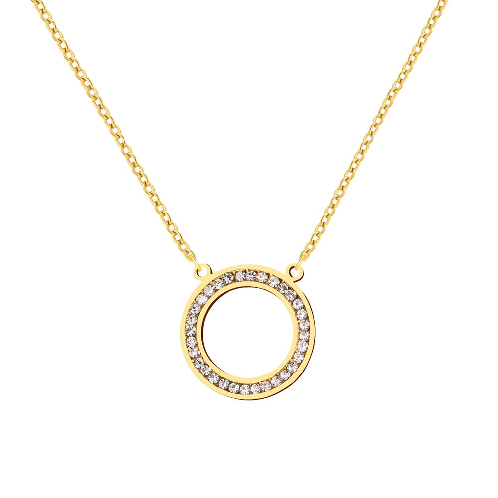 Stainless Steel Necklaces Crystal Zircon Hollow Round Pendant Chain Collar Necklace For Women Jewelry Wedding Party Gift