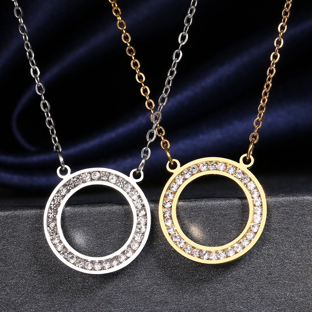 Stainless Steel Necklaces Crystal Zircon Hollow Round Pendant Chain Collar Necklace For Women Jewelry Wedding Party Gift