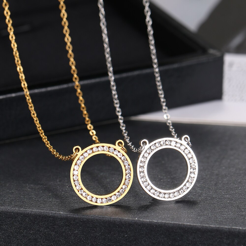 Stainless Steel Necklaces Crystal Zircon Hollow Round Pendant Chain Collar Necklace For Women Jewelry Wedding Party Gift