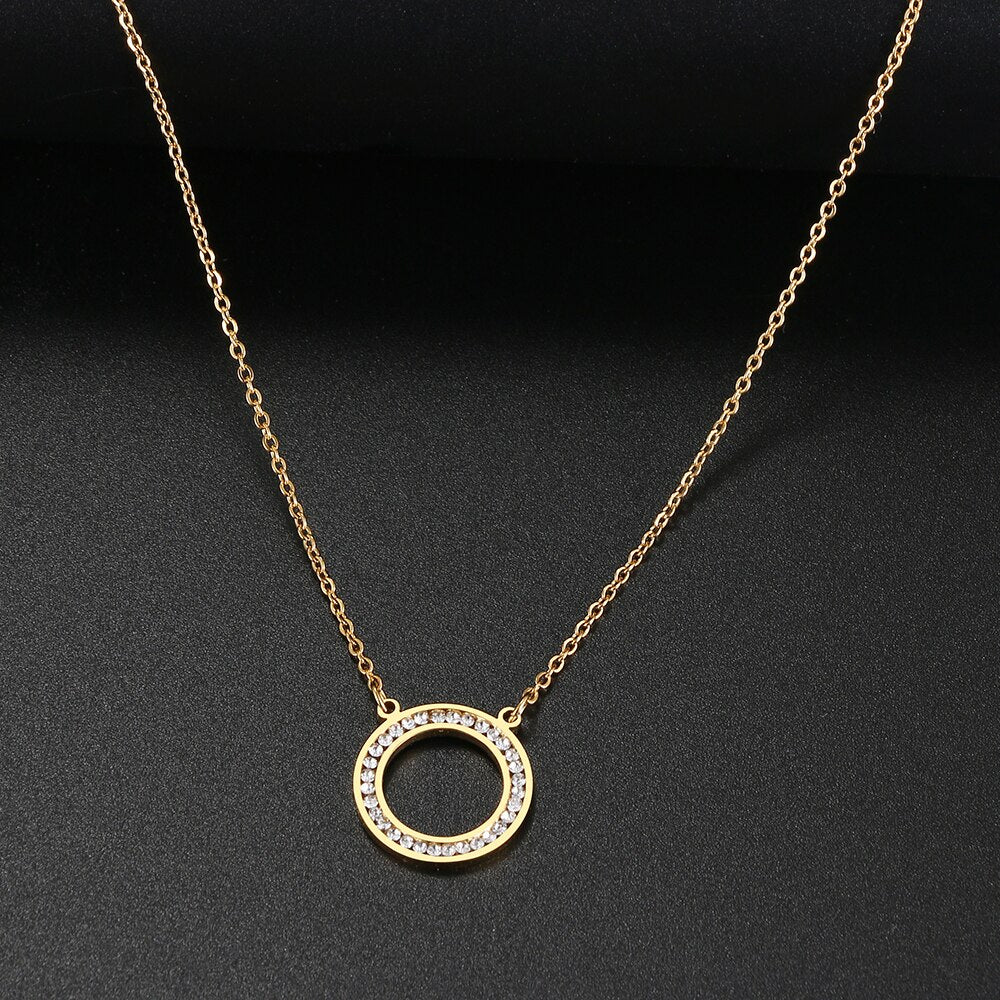 Stainless Steel Necklaces Crystal Zircon Hollow Round Pendant Chain Collar Necklace For Women Jewelry Wedding Party Gift