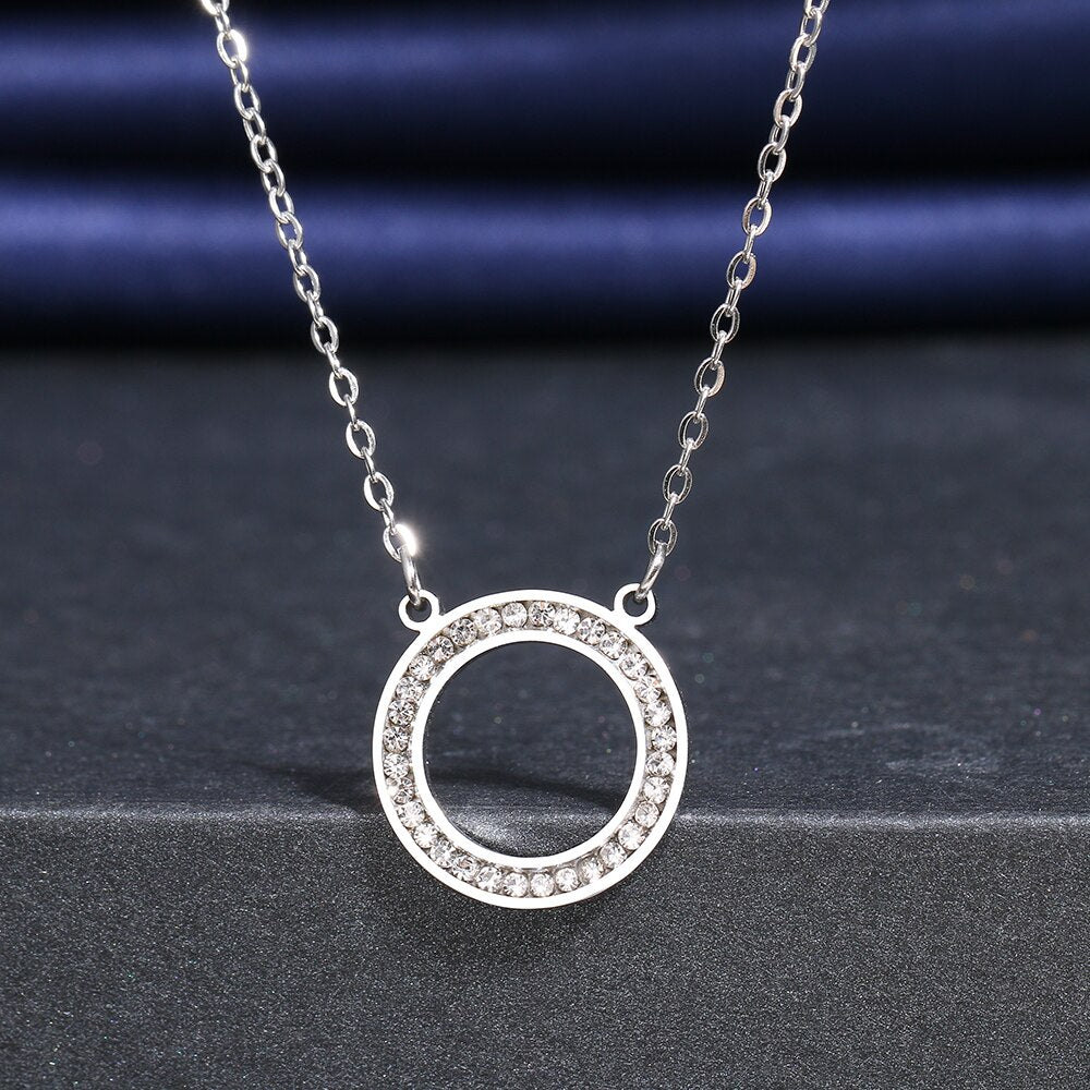 Stainless Steel Necklaces Crystal Zircon Hollow Round Pendant Chain Collar Necklace For Women Jewelry Wedding Party Gift