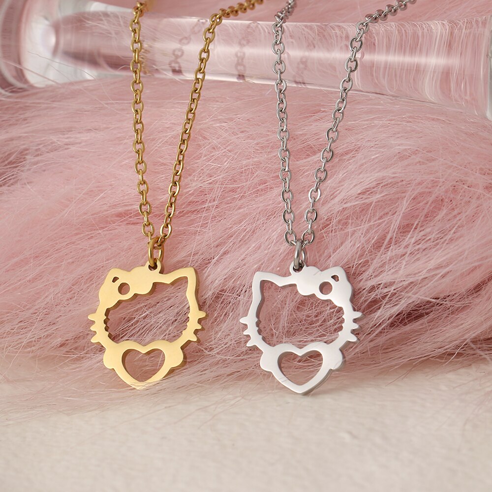 Stainless Steel Necklaces Hollow Kitten Bow Pendants Chain Choker Jewellery Necklace For Women Jewelry Wedding Gifts NEW