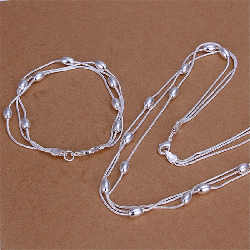 Street all-match tassel tassel oval beads 925 Sterling Silver Bracelet necklace Jewelry set for women wedding Party gift