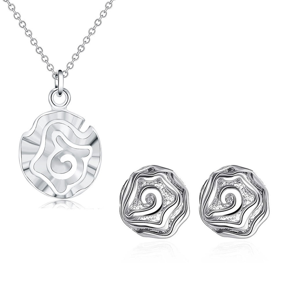 Street 925 Sterling Silver custom rose flower Pendant stud earrings necklace for women wedding Party Jewelry set gifts