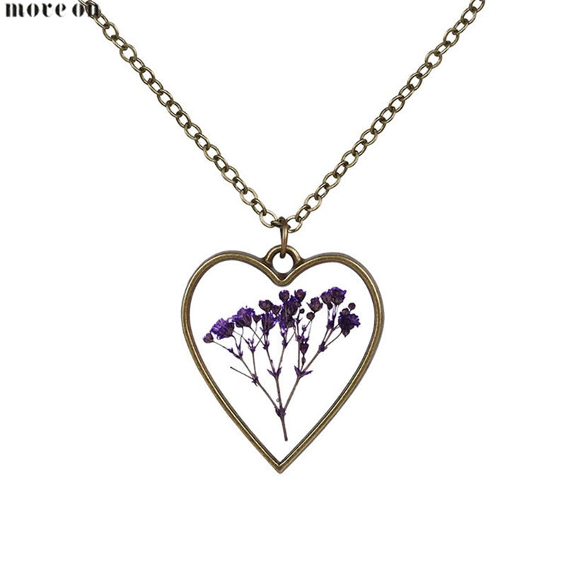 Summer Ocean Style Heart Shaped Dry Flower Necklaces Natural Choker Chain Pendant Jewelry Love Girlfriend For Wedding Gift