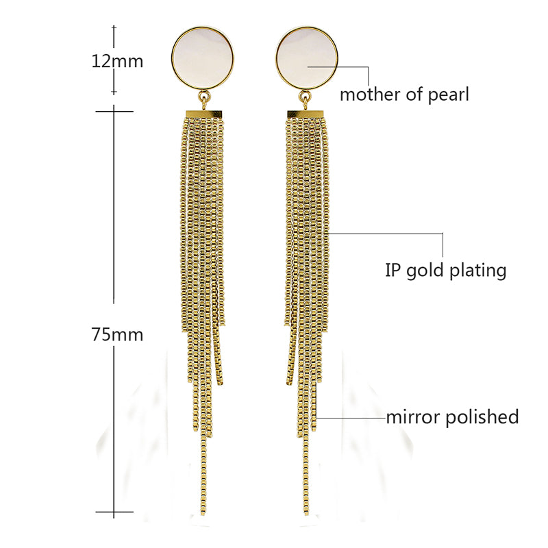 Tassel Stud Earrings with White Mother of Pearl Long Statement Gold/Rose Gold Jewelry Accessories
