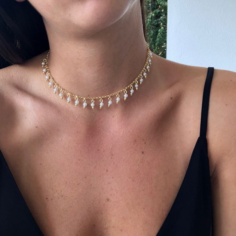 Tocona 1pcs/sets Charming Pearl Stone Chocker Necklace Gold Chain Alloy Metal Wedding Party Jewelry Gift Accessories 8891