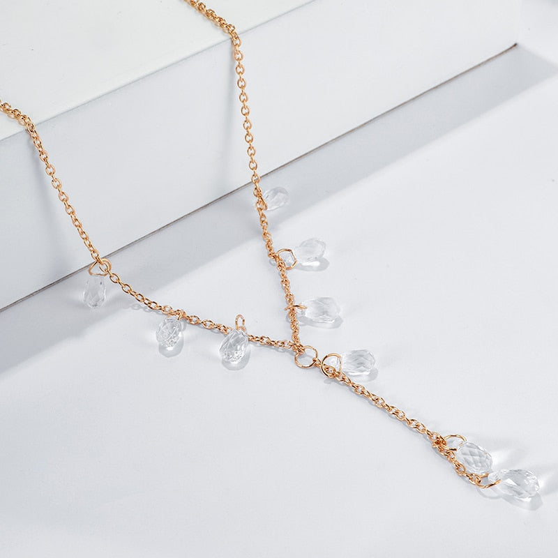 Tocona Luxurious Water Drop Crystal Stone Pendant Necklace for Women Gold Long Chain Chokcer Party Wedding Jewelry 13382