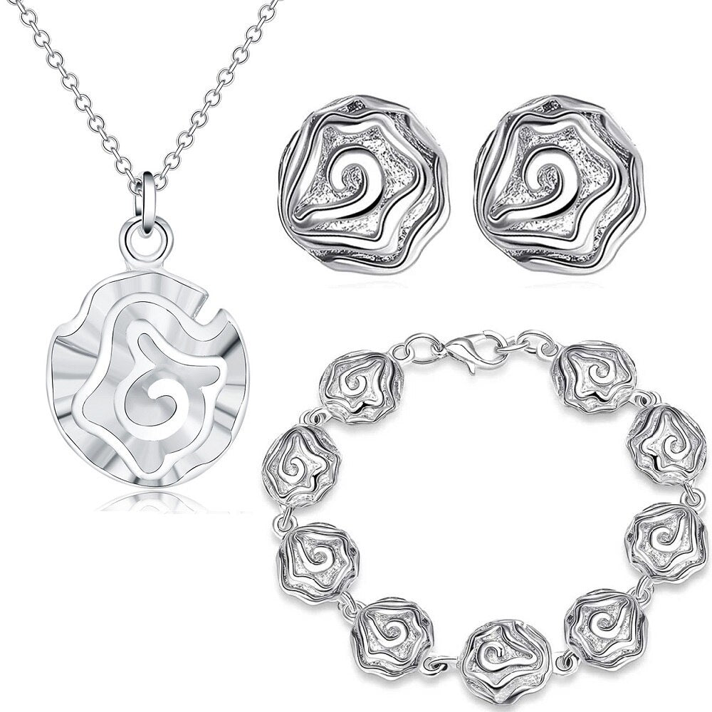 Trend Pretty rose flower 925 Sterling Silver Jewelry set earring stud Bracelet necklace for women Party Couple gifts