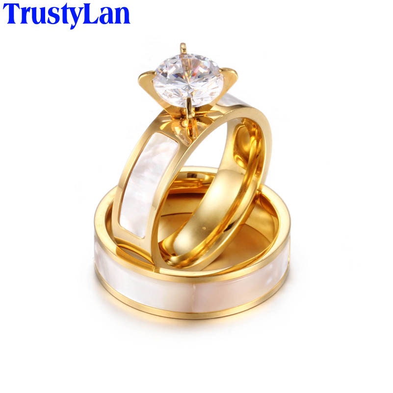 New Fashion Design Gold Color Stainless Steel Wedding Bands Rings For Women Luxury Engagement Zircon Jewelry Gifts