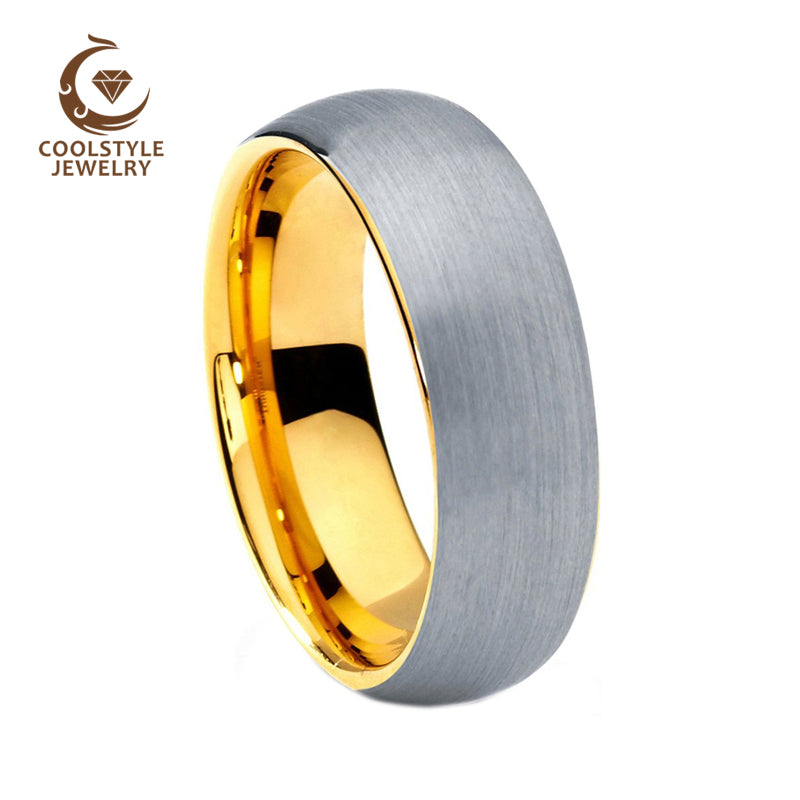 Tungsten Gold Wedding Band Ring 8mm for Men Women Comfort Fit Yellow Gold Color Plated Domed Silver Matte Top