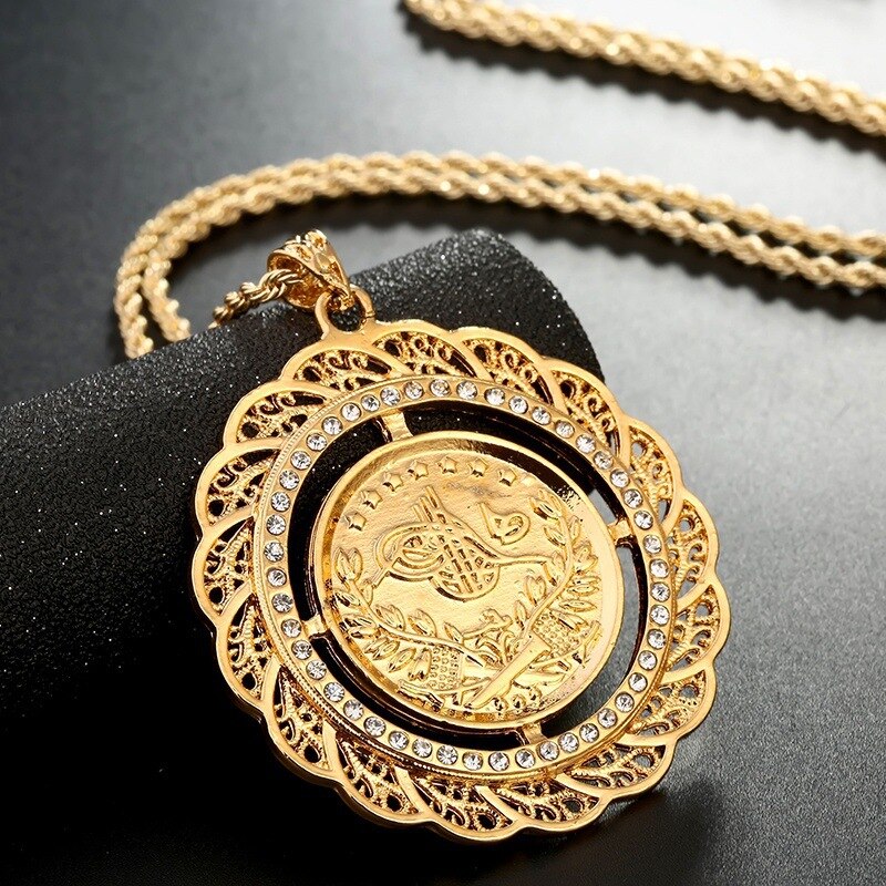 Turkish Coin Pendant Necklace Slid Chain Gold Plated Men Women Chain Necklace Arabic Totem Design Royal Wedding Jewelry
