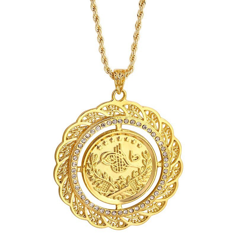 Turkish Coin Pendant Necklace Slid Chain Gold Plated Men Women Chain Necklace Arabic Totem Design Royal Wedding Jewelry