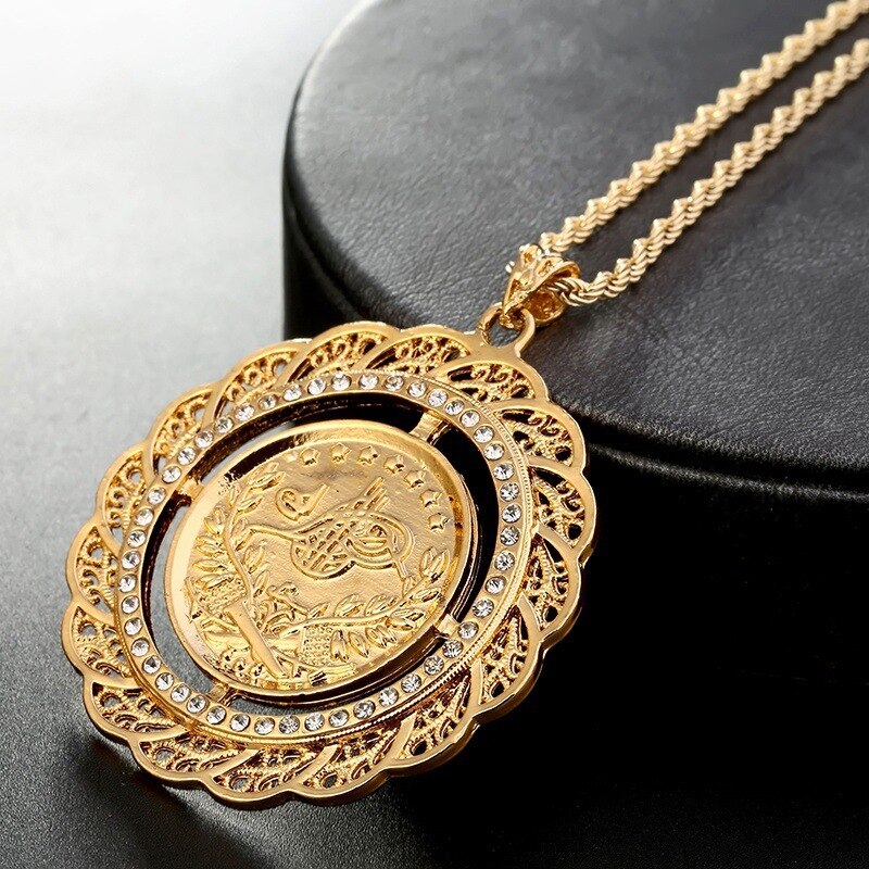 Turkish Coin Pendant Necklace Slid Chain Gold Plated Men Women Chain Necklace Arabic Totem Design Royal Wedding Jewelry