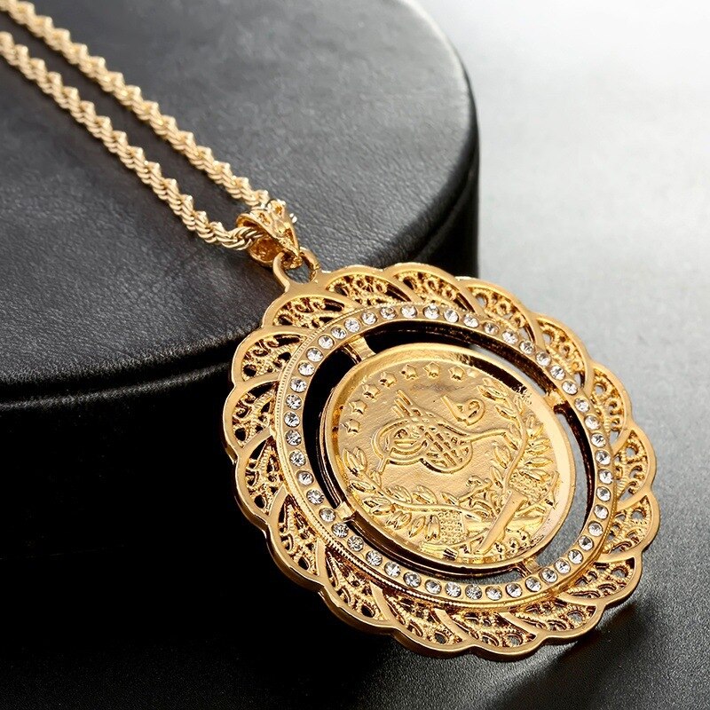Turkish Coin Pendant Necklace Slid Chain Gold Plated Men Women Chain Necklace Arabic Totem Design Royal Wedding Jewelry