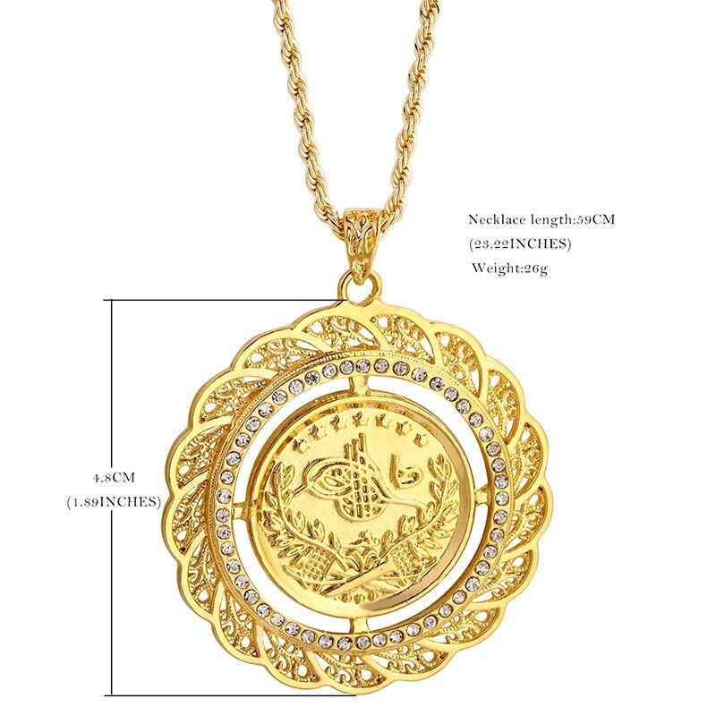 Turkish Coin Pendant Necklace Slid Chain Gold Plated Men Women Chain Necklace Arabic Totem Design Royal Wedding Jewelry
