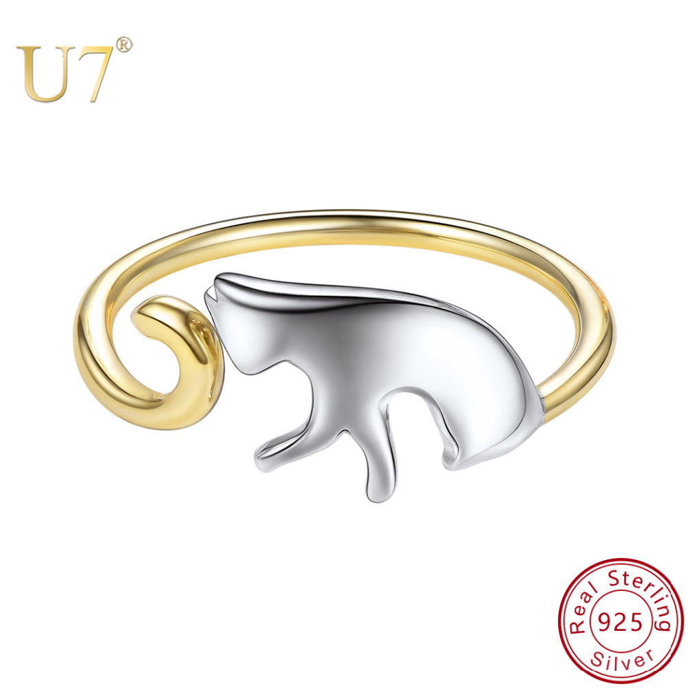 925 Sterling Silver Cat with Long Tail Finger Open Ring Women Adjustable Engagement Ring Jewelry Party Birthd Gift SC179