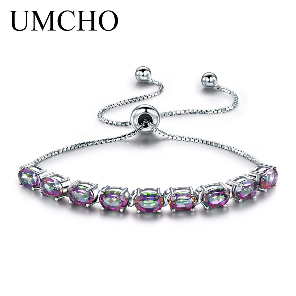 Genuine Rainbow Mystic Topaz Bracelets & Bangles Real 925 Sterling Silver Bracelets For Women Free Expansion Fine Jewelry