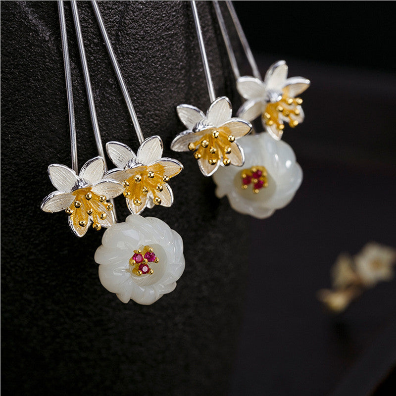 925 Sterling Silver Flower Earrings Romantic Ethnic Dangle Earrings Natural Jade Floral Fine Jewelry Brincos Bijoux