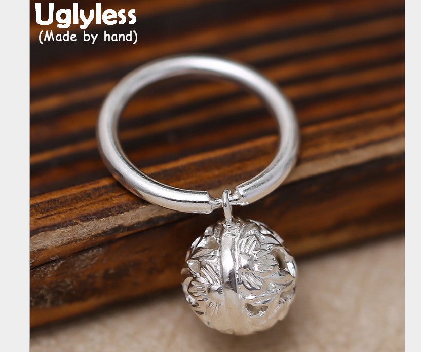 Genuine S 990 Fine Silver Women Dress Jewelry Lovely Ball Charms Finger Ring Flower Hollow Bell Rings Handmade Bijoux