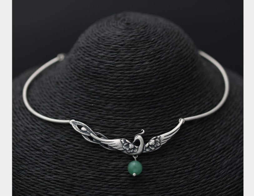 Genuine S 990 Fine Thai Silver Ethnic Women Vintage Peacock Necklaces Natural Agate Ball Chokers Handmade Animal Bijoux