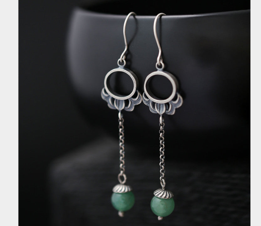 Genuine S 990 Thai Silver Women Ethnic Vintage Fine Jewelry Handmade Hollow Circle Earrings Agate Beads Brincos Bijoux