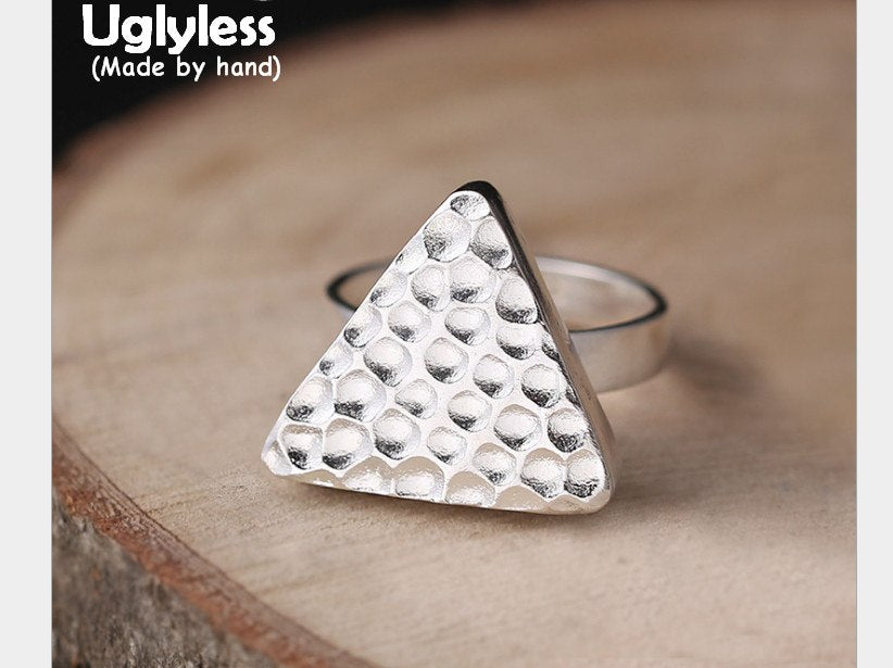Genuine S925 Sterling Silver Triangle Rings Women Co Geometric Finger Ring Handmade Knocking Face Personalized Bijoux