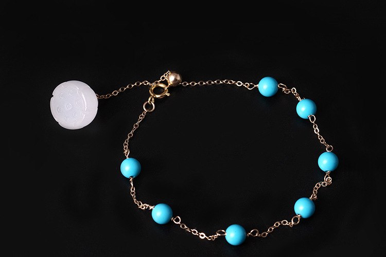 Genuine S925 Sterling Silver Turquoise Beads Bracelets Girls Bohemian Ethnic Bracelet Natural Jade Lotus Dangle Jewelry