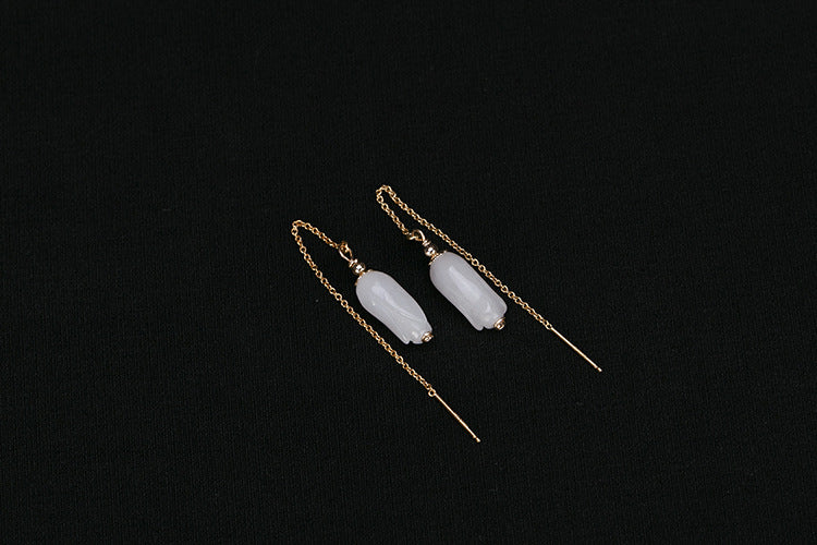 Real S 925 Sterling Silver Ear Lines Elegant Women Magnolia Floral Dangle Earrings Natural Gemstone White Jade Earrings