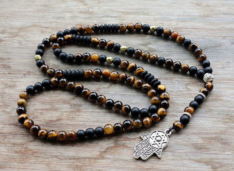 Unique Man's necklace with 8mm Natural stone beads and Hamsa Pendant Necklace