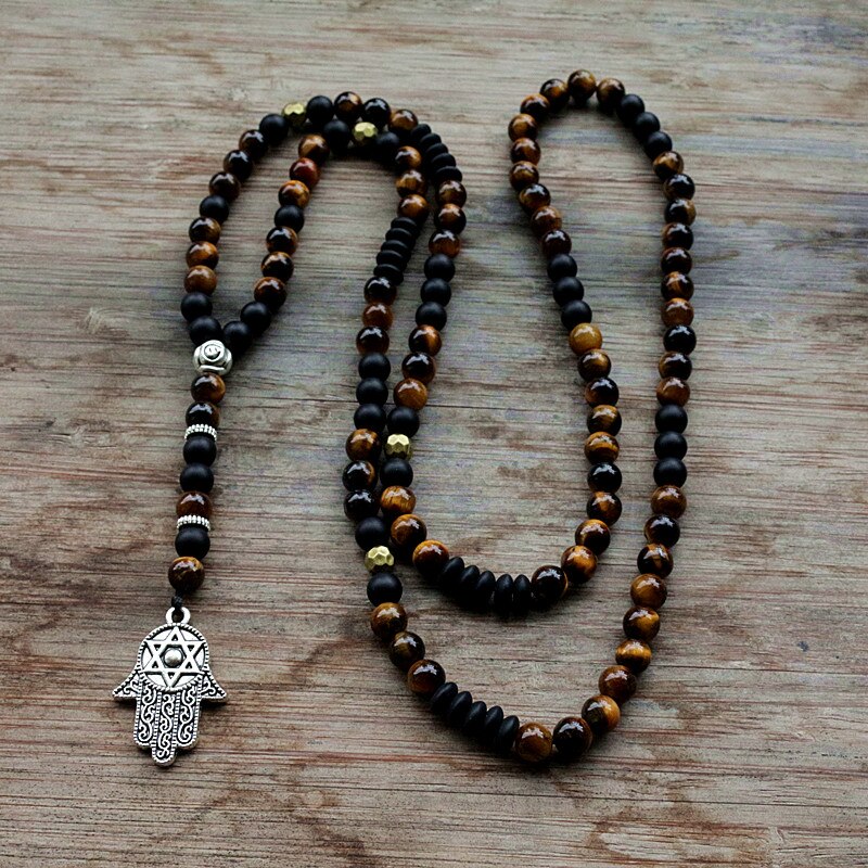Unique Man's necklace with 8mm Natural stone beads and Hamsa Pendant Necklace