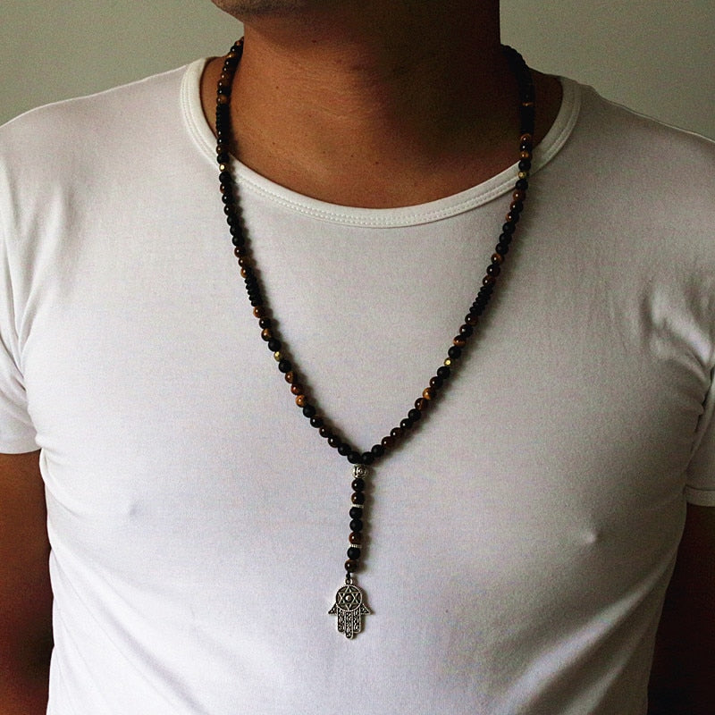 Unique Man's necklace with 8mm Natural stone beads and Hamsa Pendant Necklace