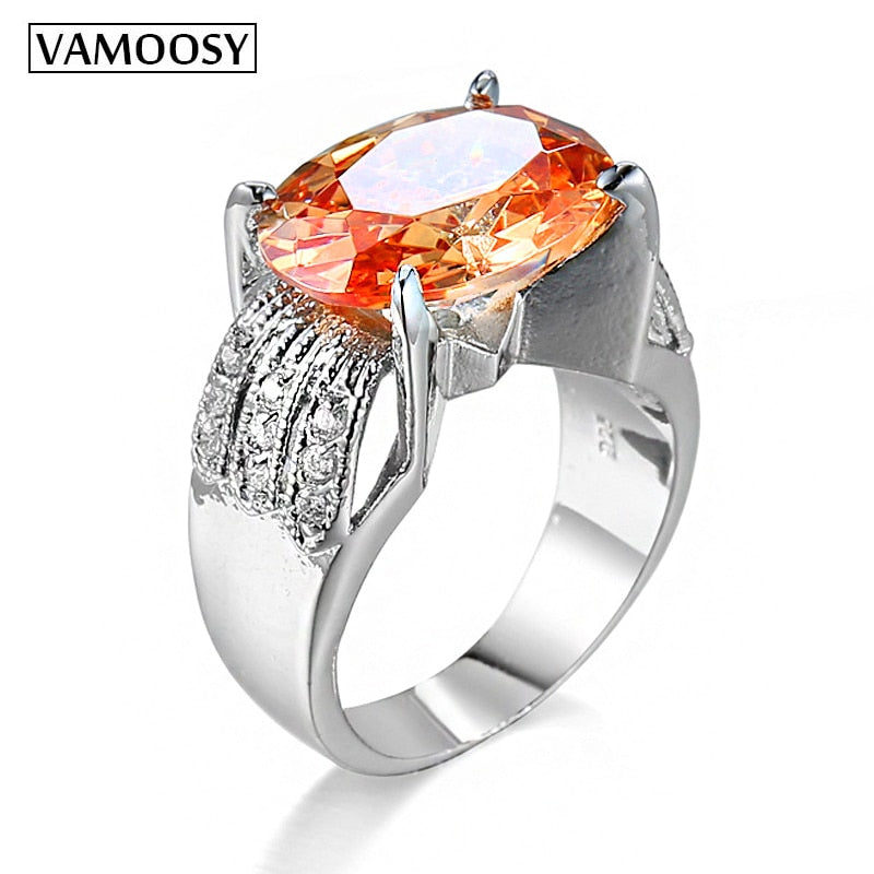 Amazing Big Champagne CZ Stone Rings Large Single Oval Orange Crystal Cut Luxury silver Color Women Statement ring