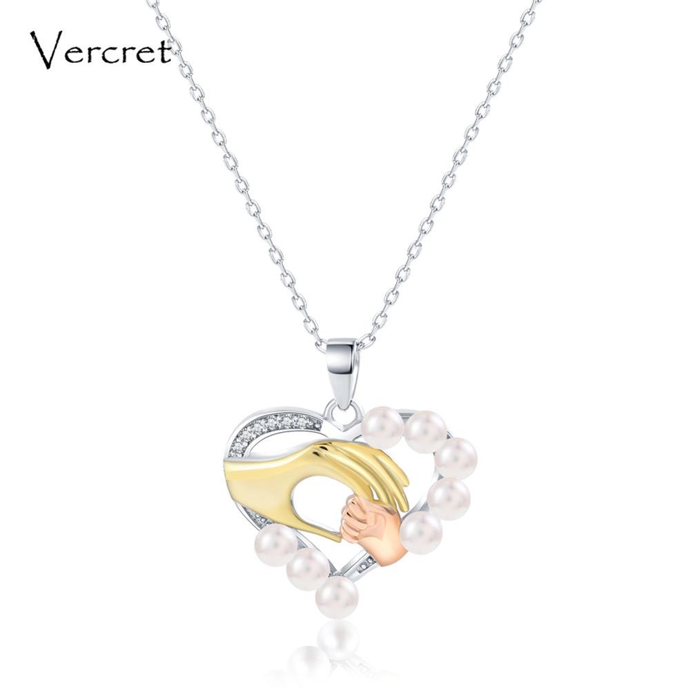 925 sterling silver heart pendant necklace pearl necklace hand in hand jewelry gift for mom