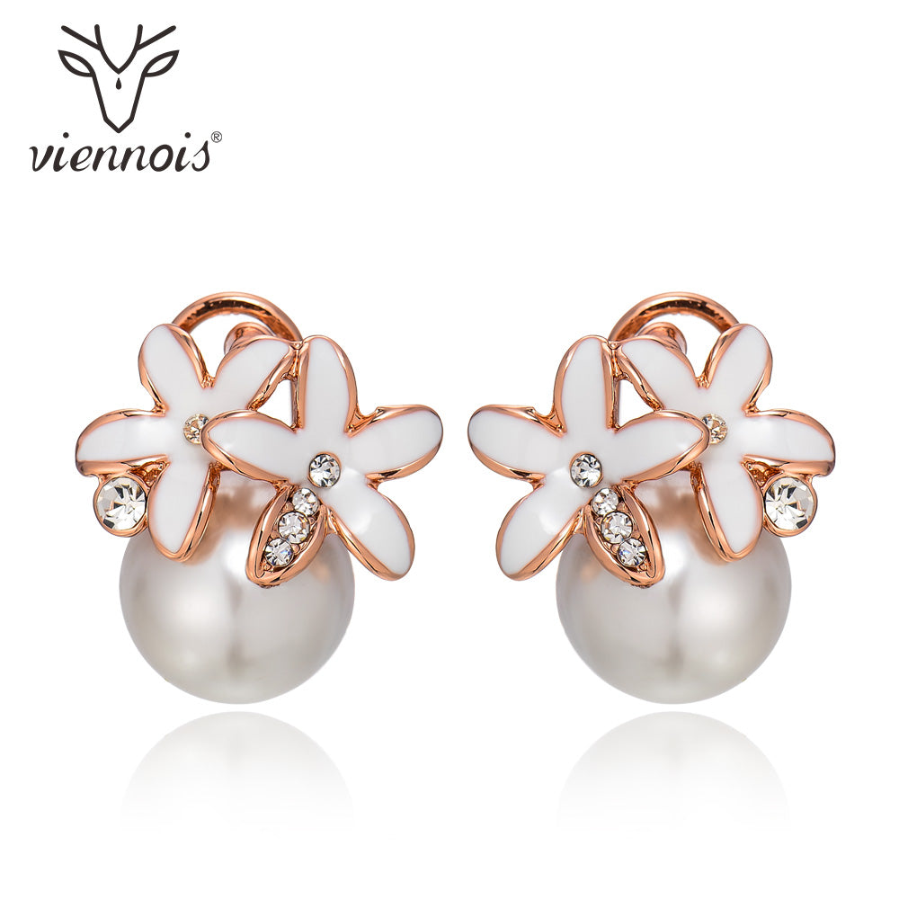 Trendy Rose Gold Color Simulated Pearl Stud Earrings for Woman Rhinestone Sweet Flower Elegant Party Female Earrings