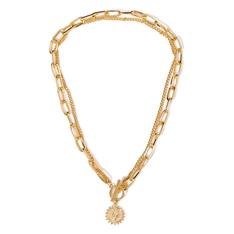 Vintage Carved Coin Thick Chain OT Buckle Necklace Bohemian Punk Metal Coin Collar Choker Necklace  Women Punk Jewelry