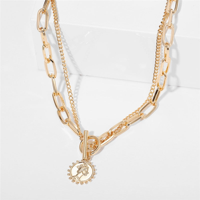 Vintage Carved Coin Thick Chain OT Buckle Necklace Bohemian Punk Metal Coin Collar Choker Necklace  Women Punk Jewelry