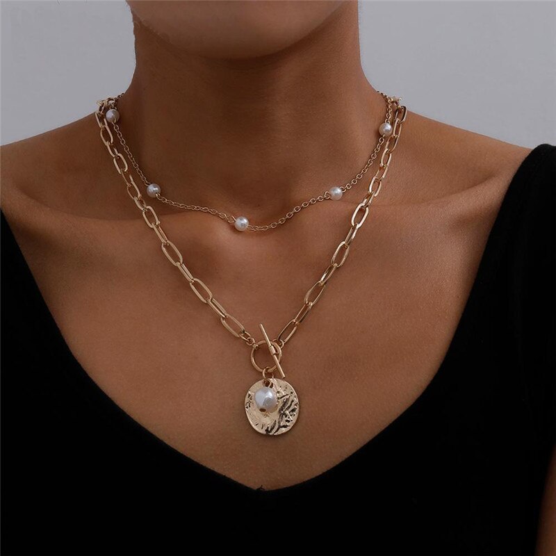 Vintage Carved Coin Thick Chain OT Buckle Necklace Bohemian Punk Metal Coin Collar Choker Necklace  Women Punk Jewelry